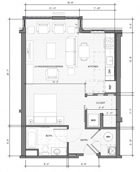 Floor plan for studio, 1 bath, 628 sqft